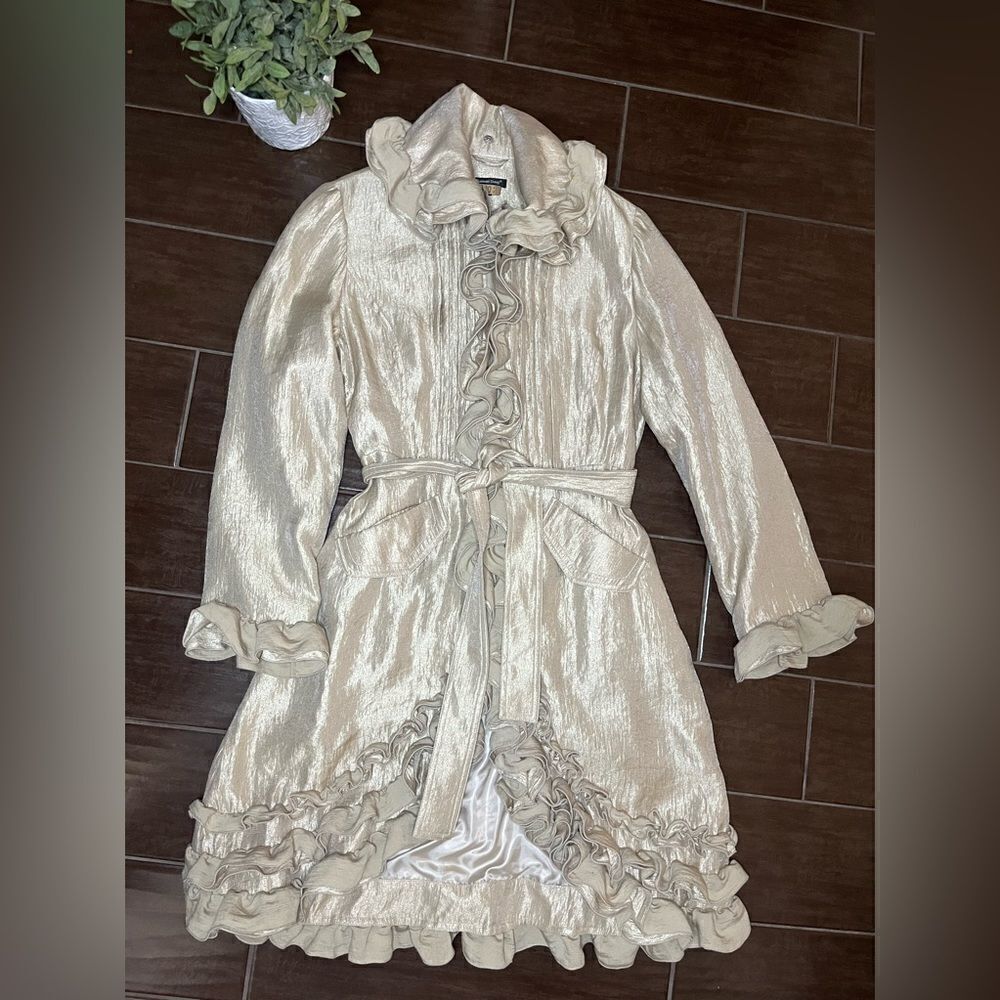 Samuel Dong shimmer champagne bubble ruffle hem coat/dress sz small - Picture 2 of 11
